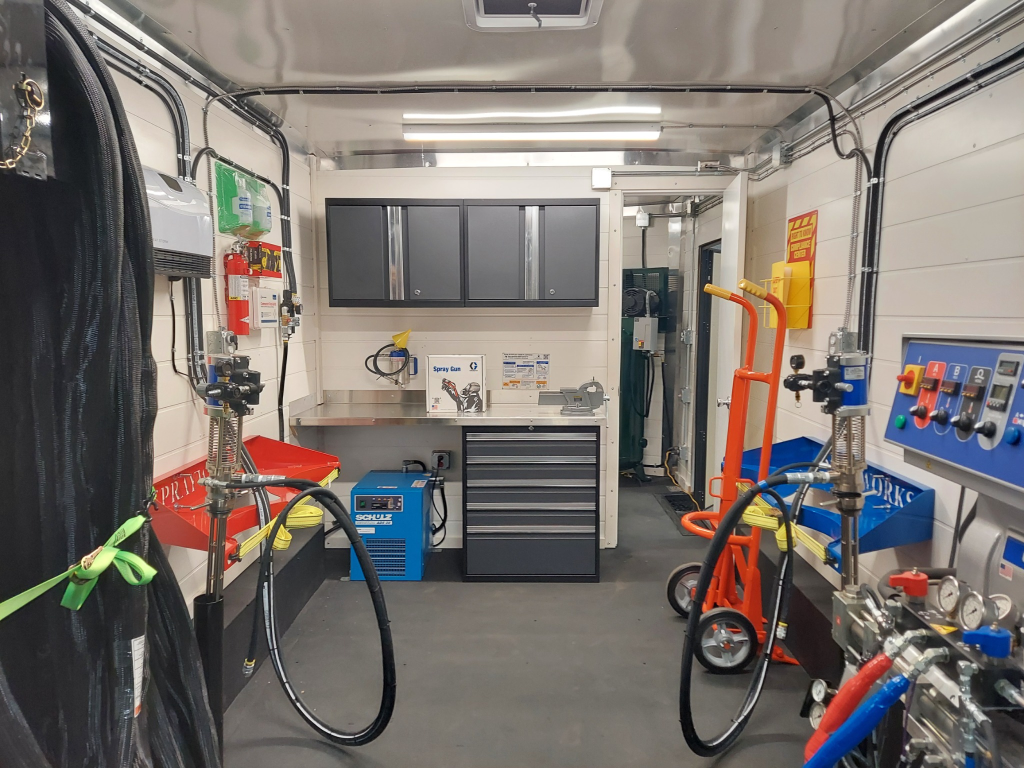Interior workspace layout with equipment storage and proportioner systems