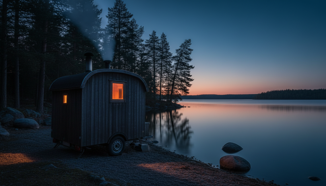 Finnish mobile sauna at lakeside during dusk with warm amber light and rising steam