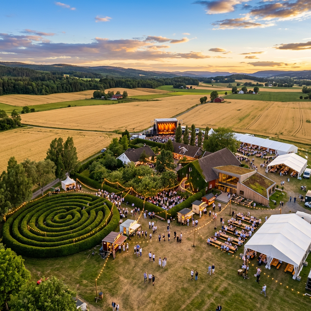 Back to the Farm festival aerial view at sunset