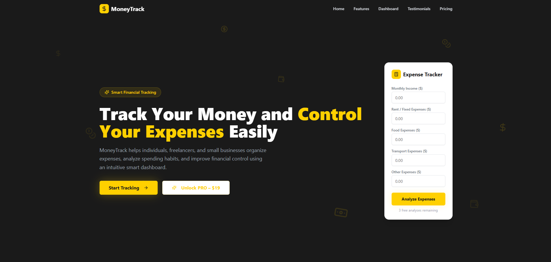 MoneyTrack — Expense tracking platform template preview