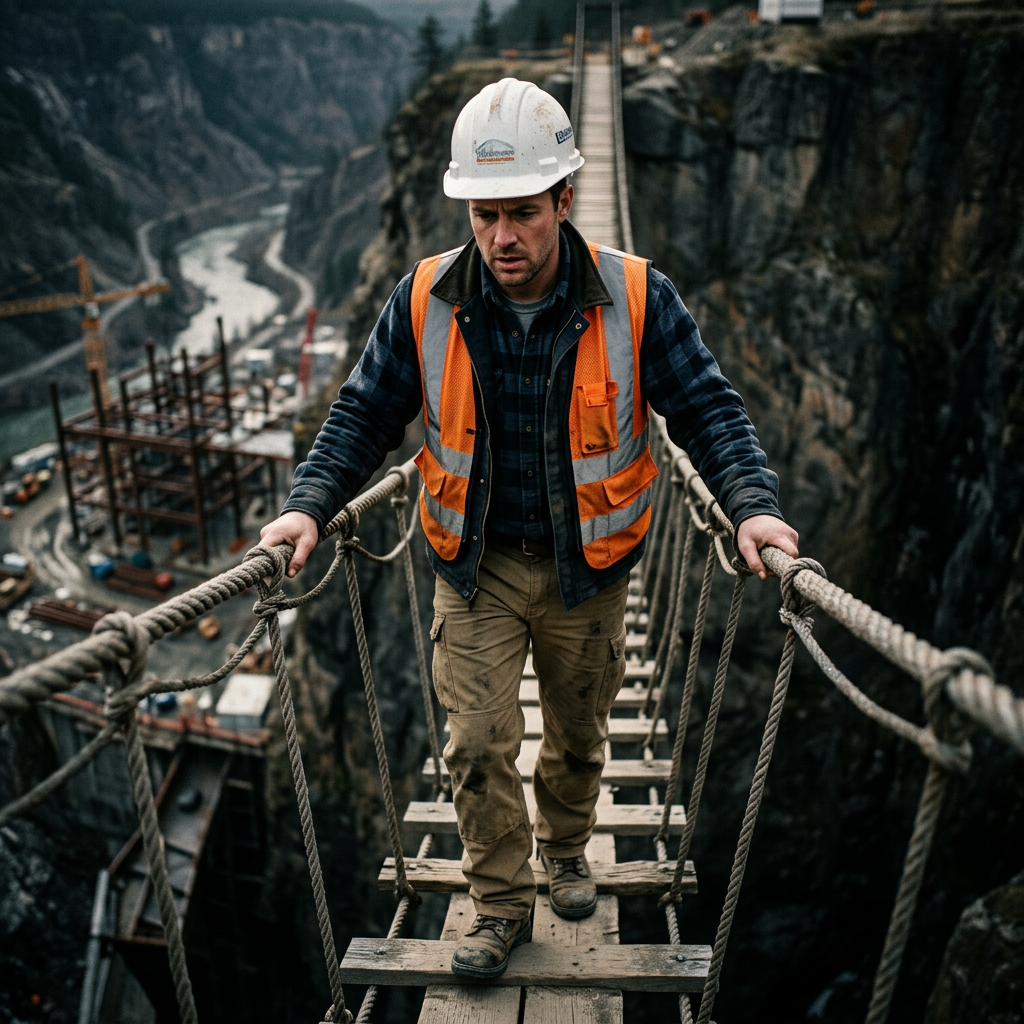 Engineer crossing rope bridge