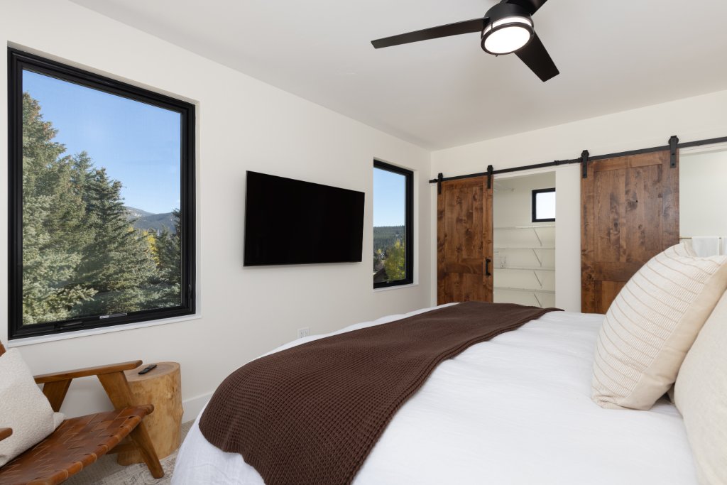 Bedroom 1 — TV wall & barn door closet
