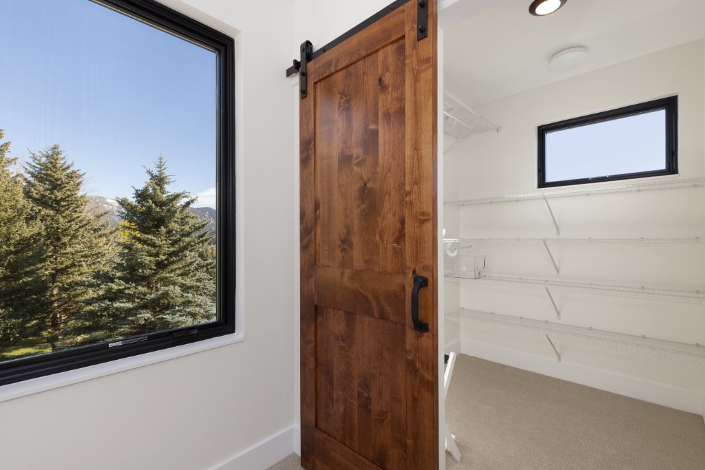Bedroom 1 — walk-in closet with barn door