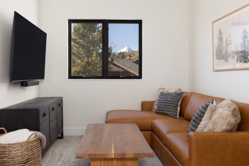 Den — leather sofa, TV & mountain peak view