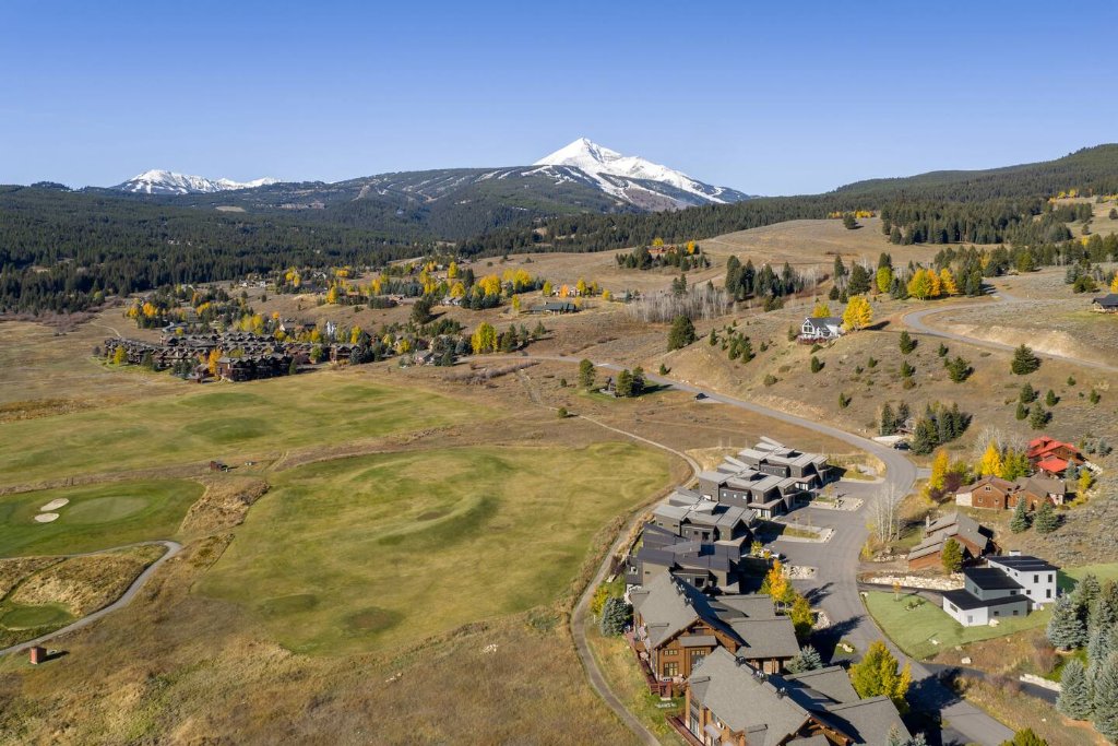 Aerial — cabin location with Big Sky Resort & Lone Peak