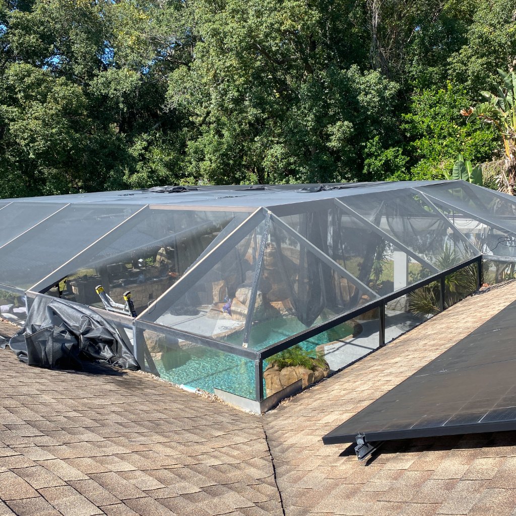DeBary Pool Screen Repair — grey frame pool cage screen panel replaced