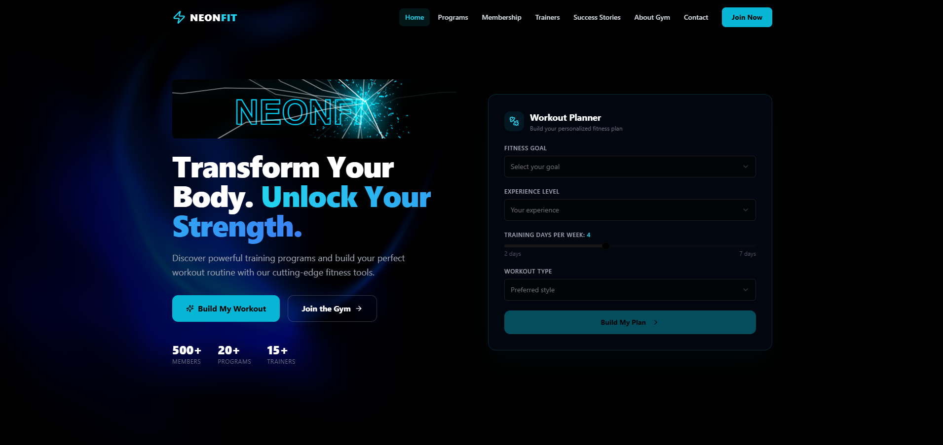 NeonFit — Workout planning platform template preview