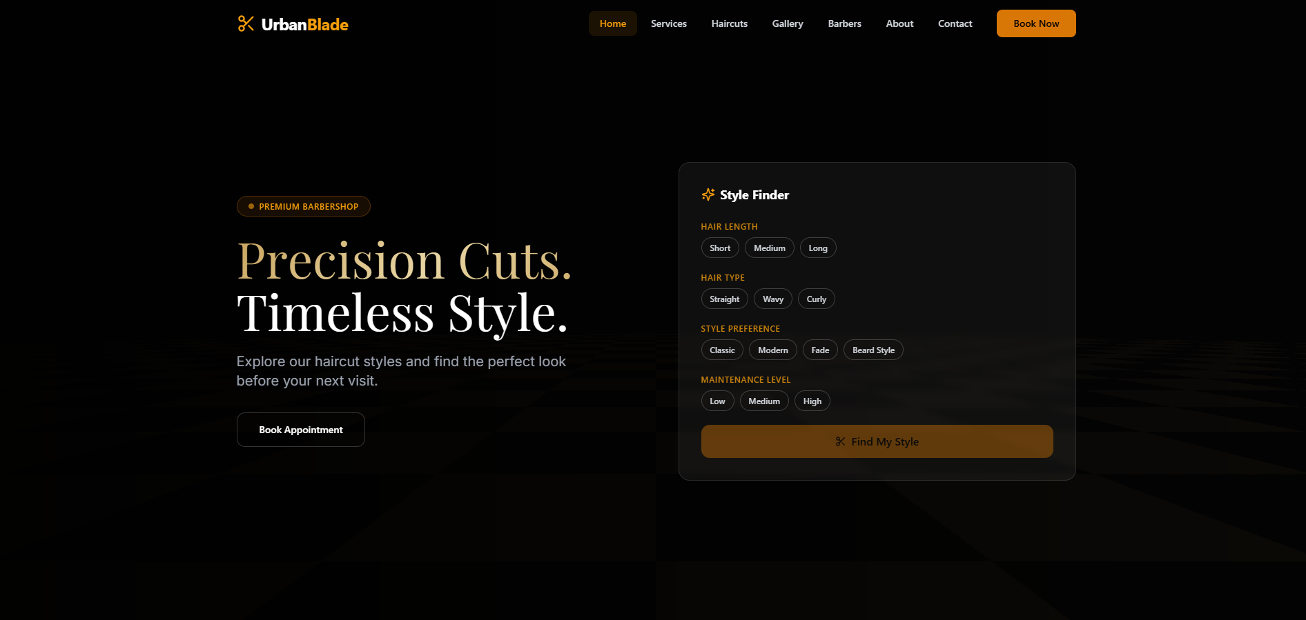 UrbanBlade — Barbershop booking platform template preview