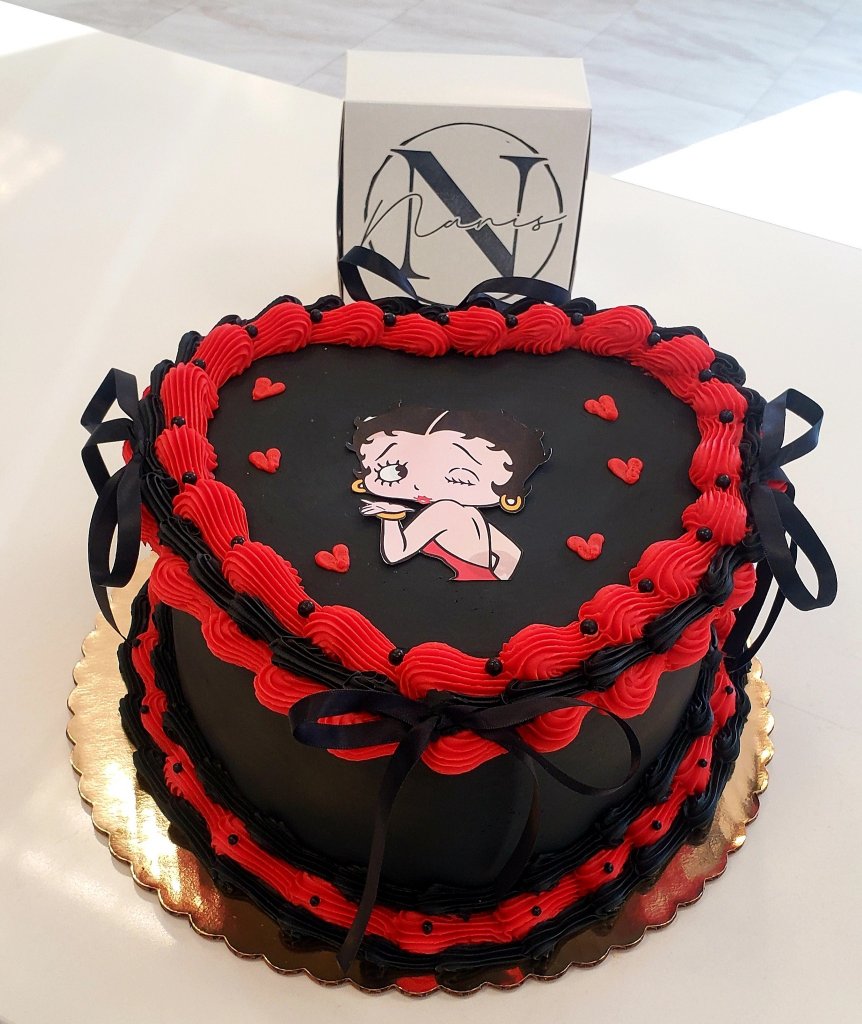 Betty Boop heart-shaped black and red cake