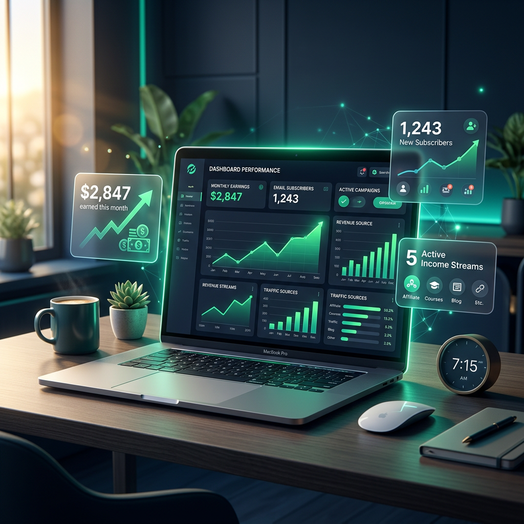 Plug-In Profit Site dashboard showing automated income streams and email marketing system