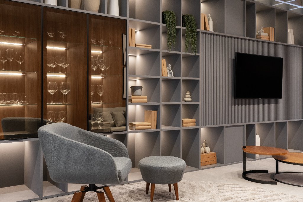 Sala de estar planejada com design sofisticado e acabamento premium