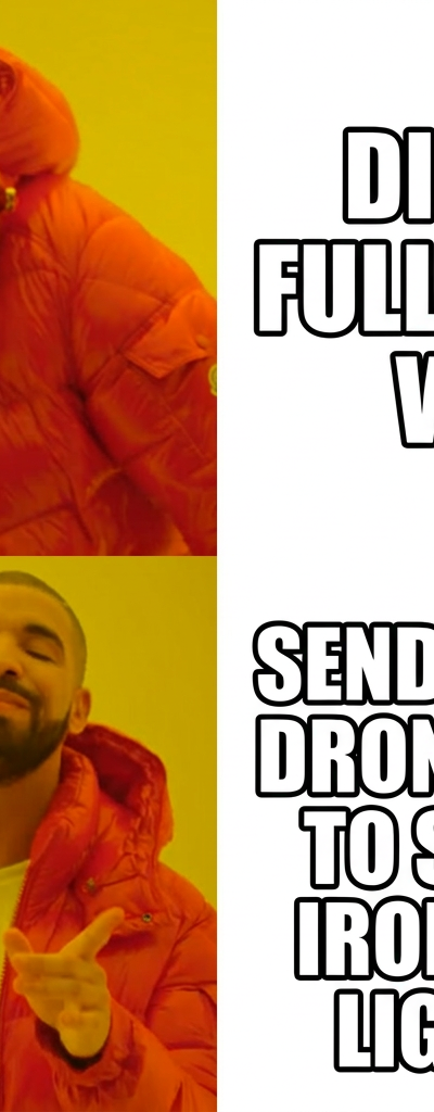 The Drake 'Hotline Bling' meme template featuring two panels. The top panel shows Drake in an orange puffer jacket turning his head away and raising his hand in a gesture of rejection. The bottom panel shows Drake smiling and pointing approvingly. The text labels are placed in the white boxes to the right of each image of Drake.