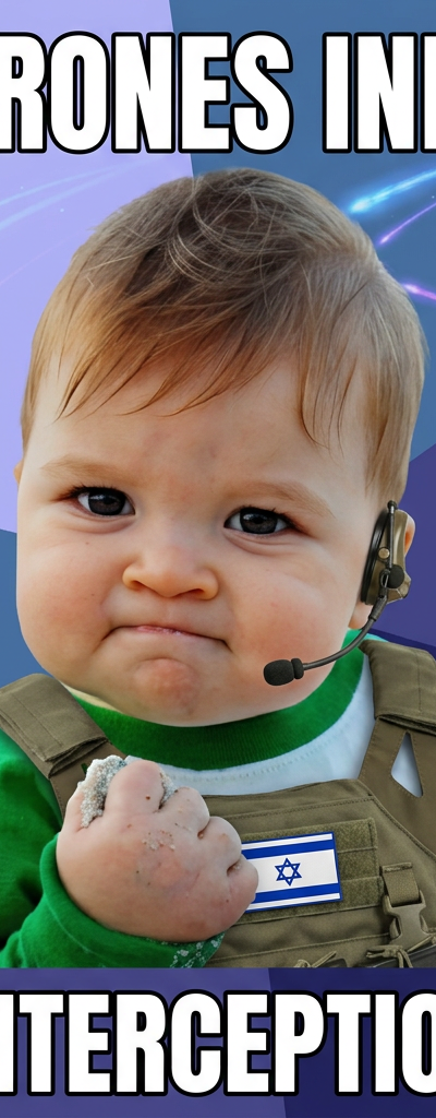 A high-definition recreation of the 'Success Kid' meme featuring a determined toddler with a clenched fist. The baby is wearing a tiny tactical headset and a vest with a small Israeli flag patch. The background is the classic blue and purple sunburst pattern from the reference image, but with subtle glowing streaks in the sky representing interceptions. The baby's expression is one of smug triumph.