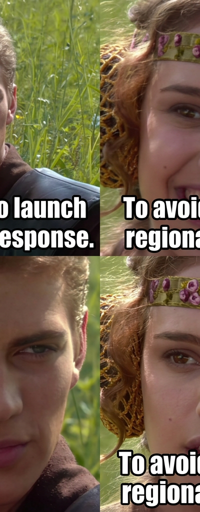 A 4-panel cinematic meme recreation of the Anakin and Padme field scene. Panel 1 (top-left): Anakin Skywalker with a smug look. Panel 2 (top-right): Padme Amidala smiling brightly. Panel 3 (bottom-left): Close-up of Anakin staring intensely and silently. Panel 4 (bottom-right): Close-up of Padme looking concerned and questioning.