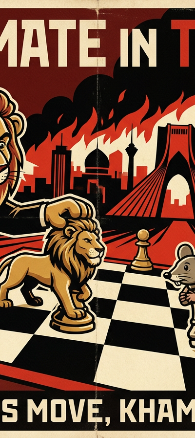 A satirical scene depicting a chessboard with caricatures of Israeli Prime Minister Benjamin Netanyahu and Iranian Supreme Leader Ayatollah Ali Khamenei as chess pieces. Netanyahu, portrayed as a lion, is confidently moving his piece, while Khamenei, depicted as a mouse, nervously watches. The chessboard is set against a backdrop of a burning Tehran skyline, symbolizing the recent military strikes. The composition emphasizes the stark contrast between the two leaders' positions and the escalating conflict.