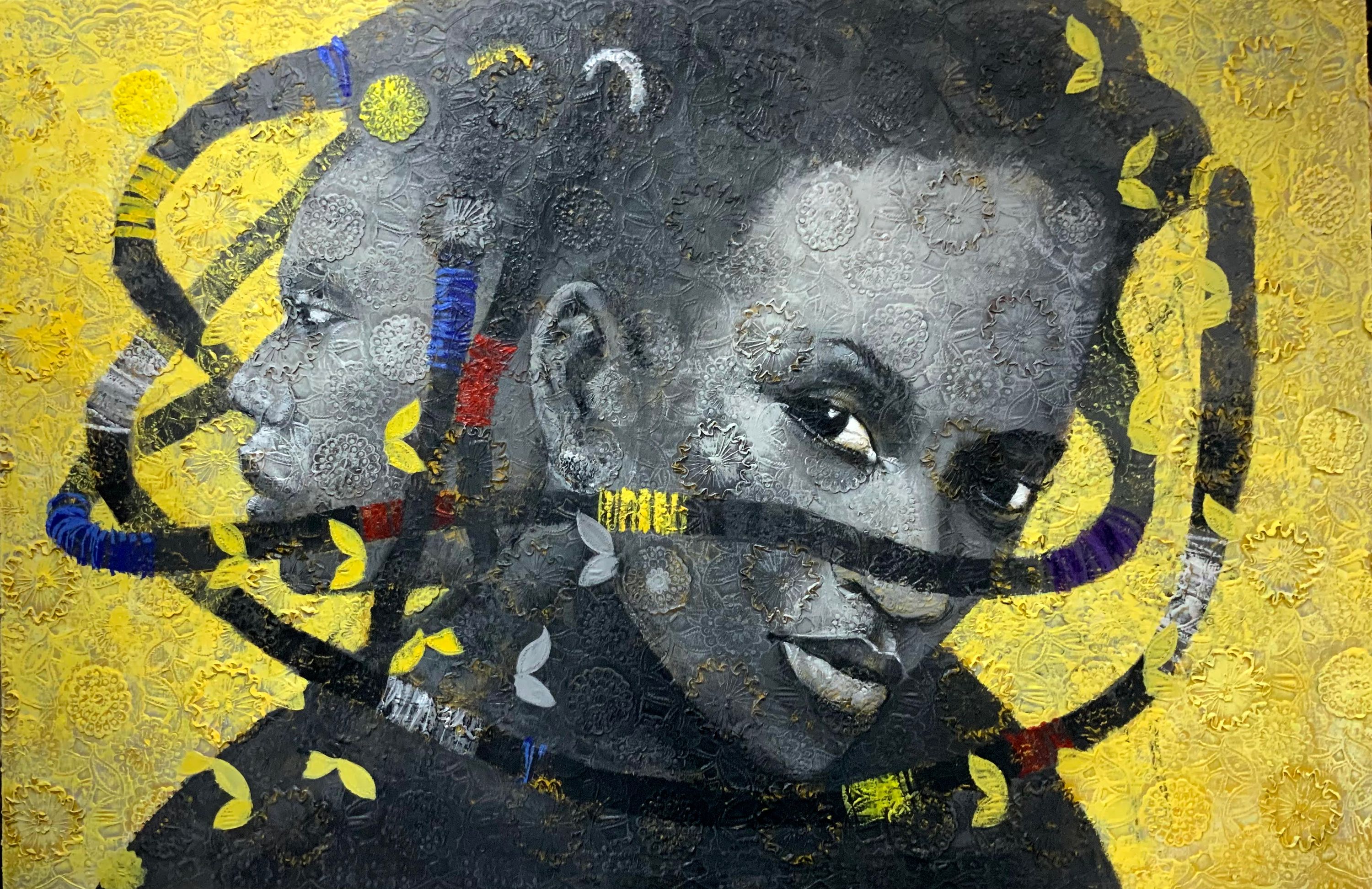 CAGED WITHIN MY BEAUTY, Acrylic paint on a lace surface — Adeodunfa