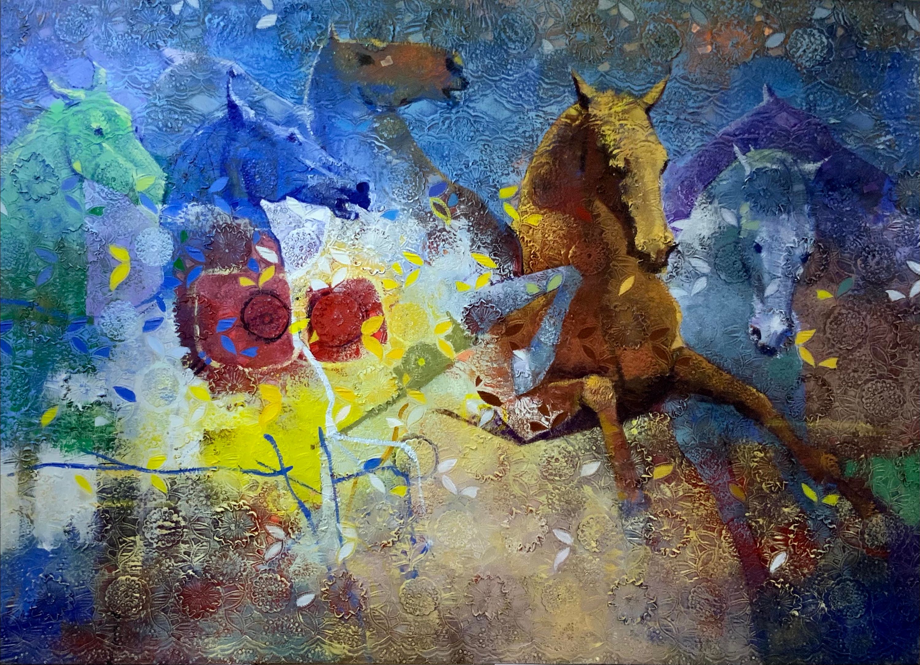 Colorful Strides, Acrylic on Lace — Adeodunfa