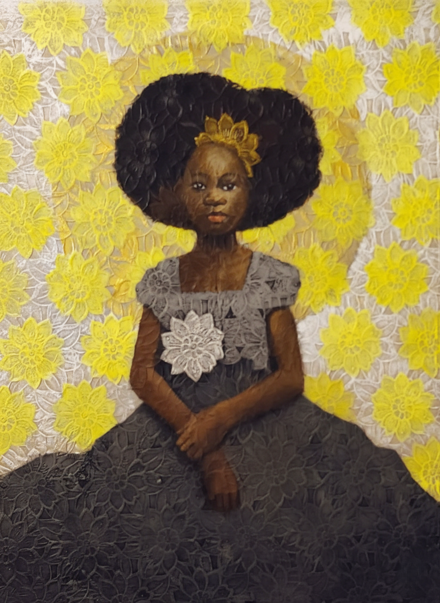 Child of the Golden Garden, Acrylic on lace — Adeodunfa