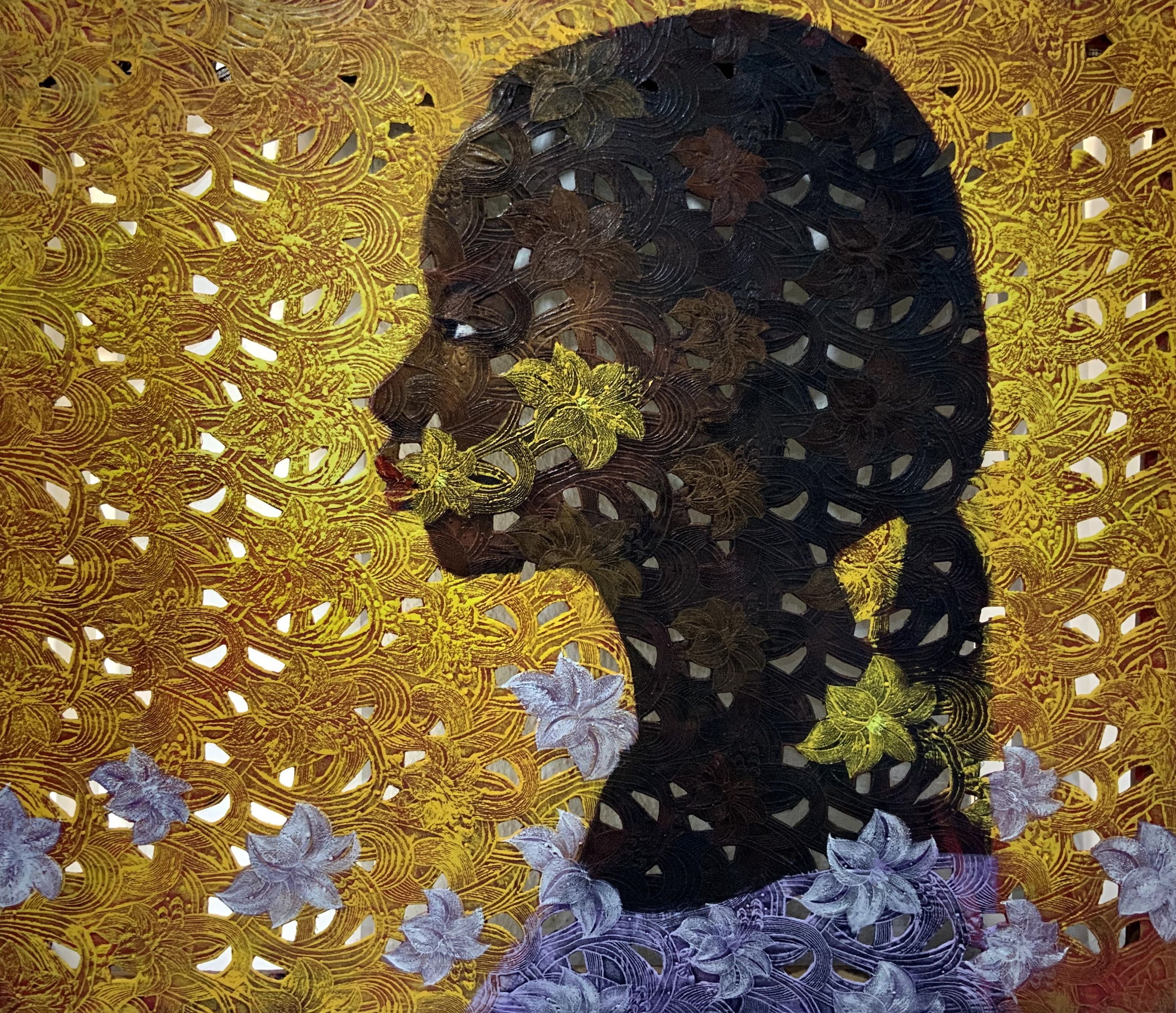 Whispers of the Blossoming Sun, Acrylic on Lace — Adeodunfa