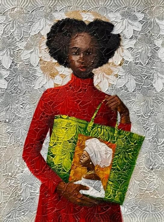 She Carries Us, Acrylic on lace · 2025 — Adeodunfa