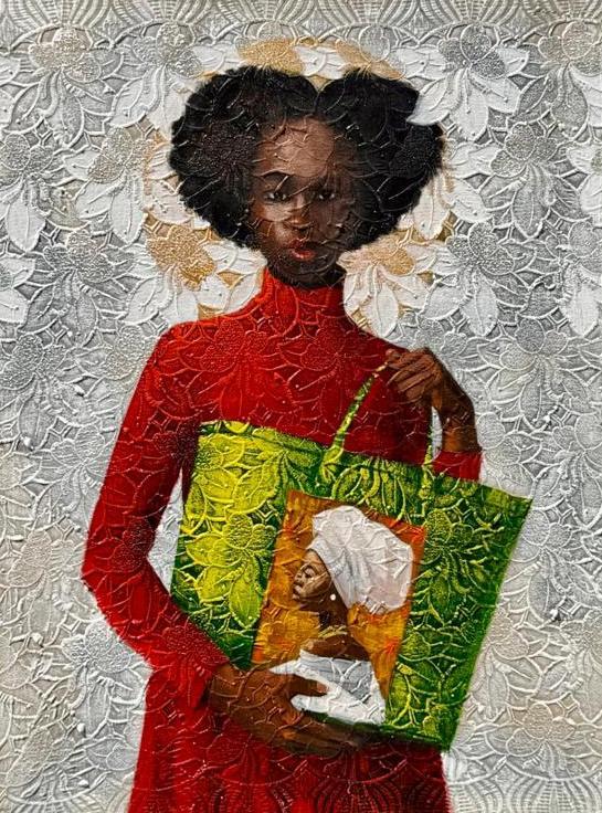 She Carries Us, Acrylic on lace · 2025 — Adeodunfa