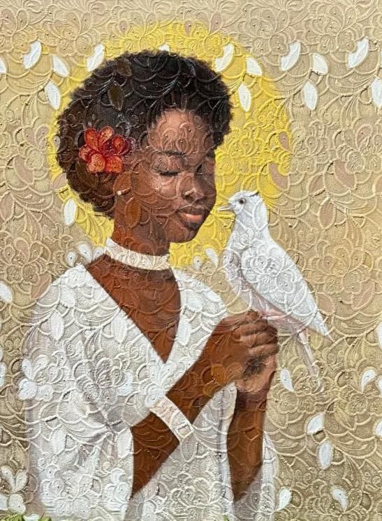 Sanctuary in Her Hands, Acrylic on lace · 2025 — Adeodunfa