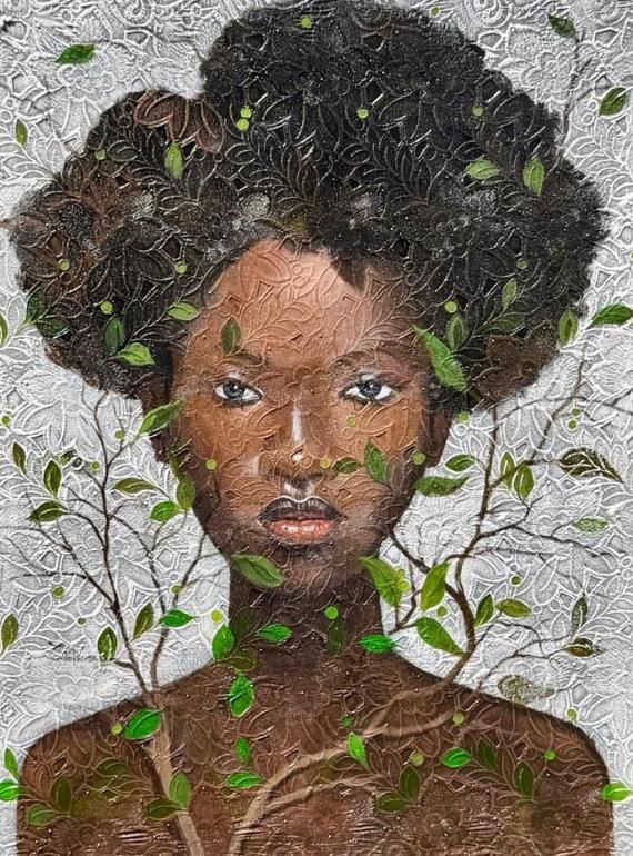 The One Who Grew Herself, Acrylic on lace · 2025 — Adeodunfa