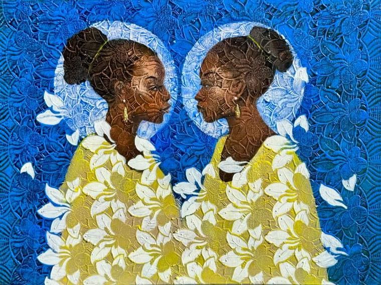 The Mirror of Blossoming Souls, Acrylic on Lace — Adeodunfa