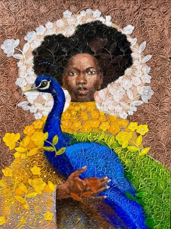 Keeper of the Quiet Kingdom, acrylic on lace — Adeodunfa