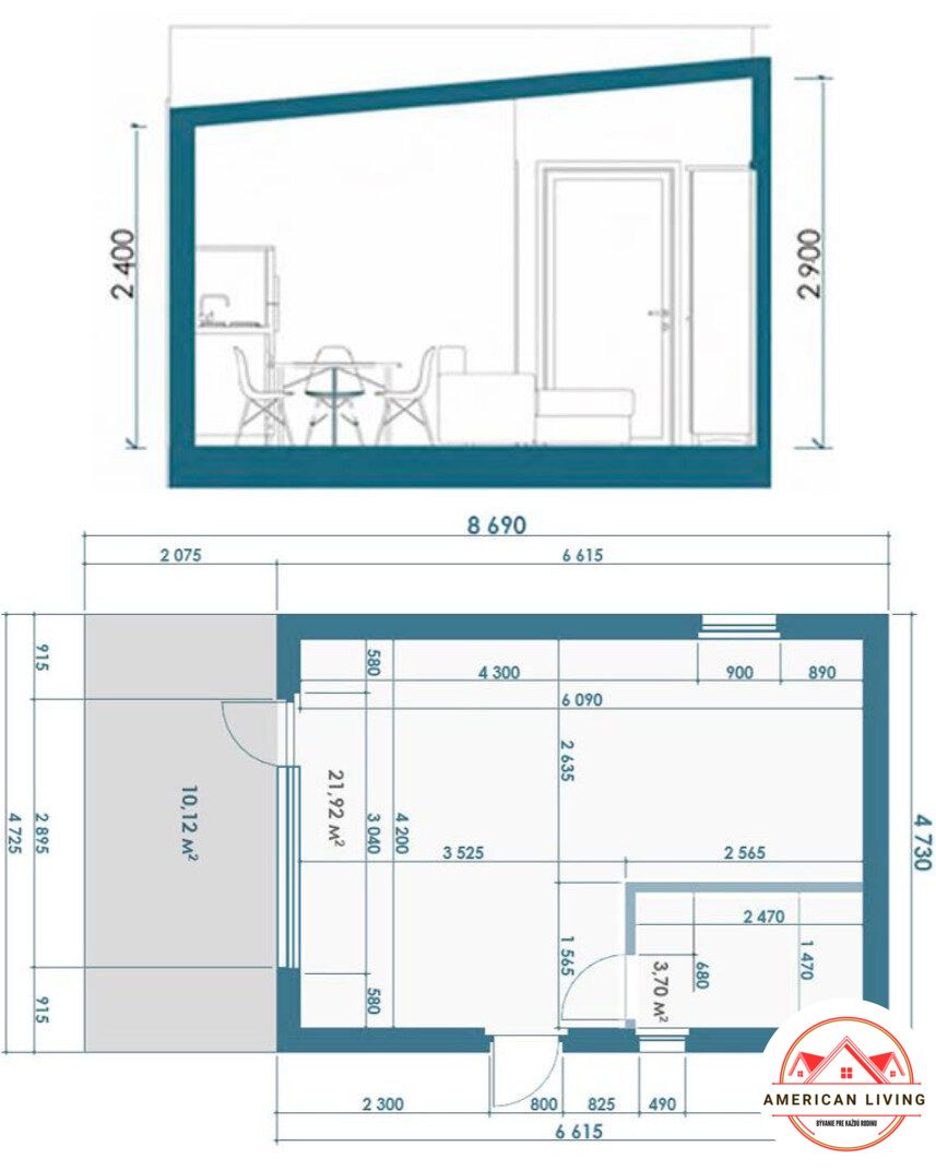 Flat Small 41 – 2D pôdorys 41m², 2izbový montovaný dom
