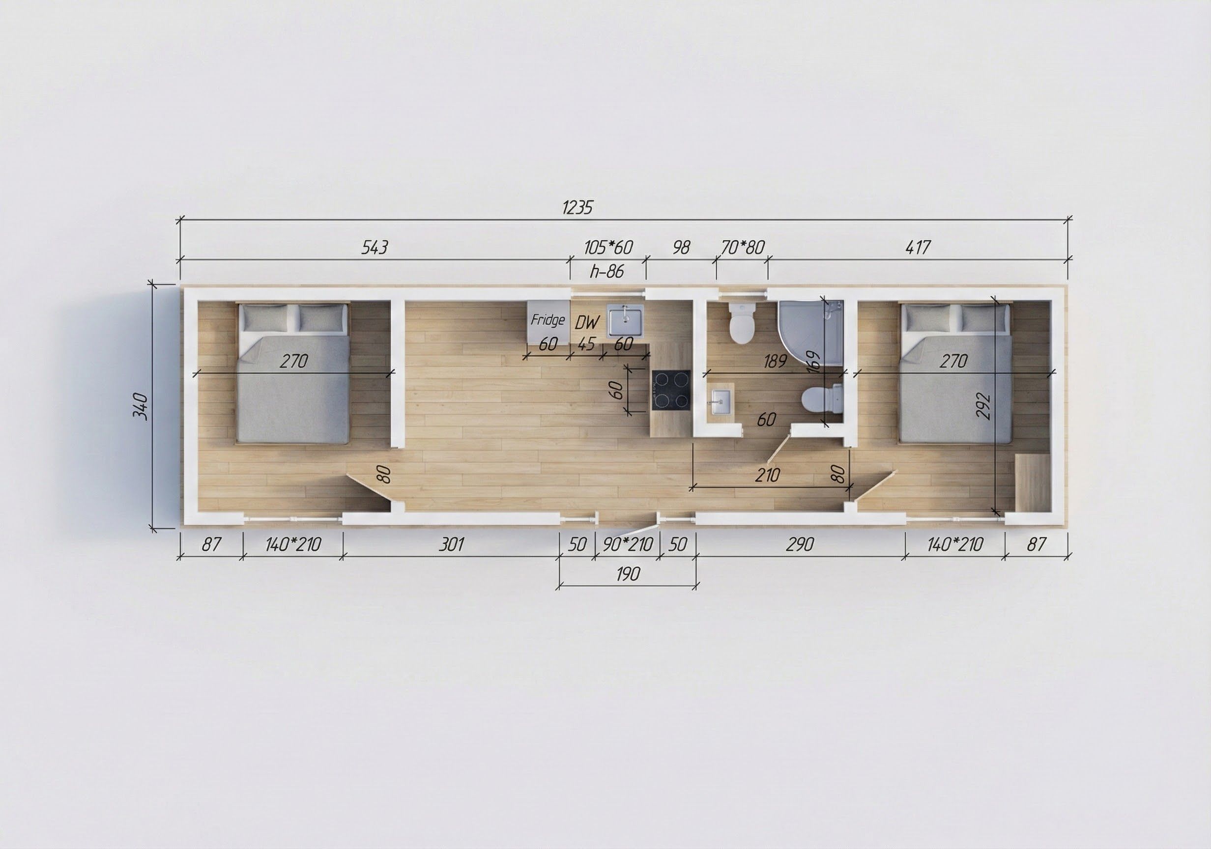 MONACO, 42m² - 3D vizualizácia pôdorysu
