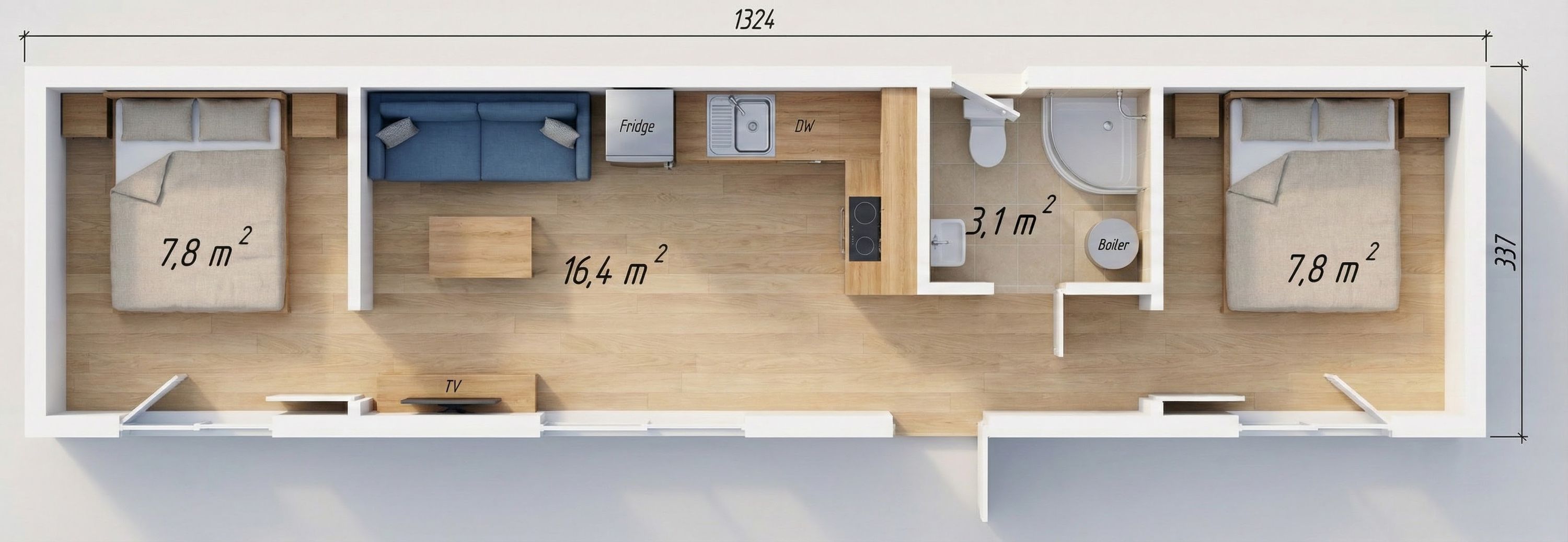 BONN, 45m² - 3D vizualizácia pôdorysu