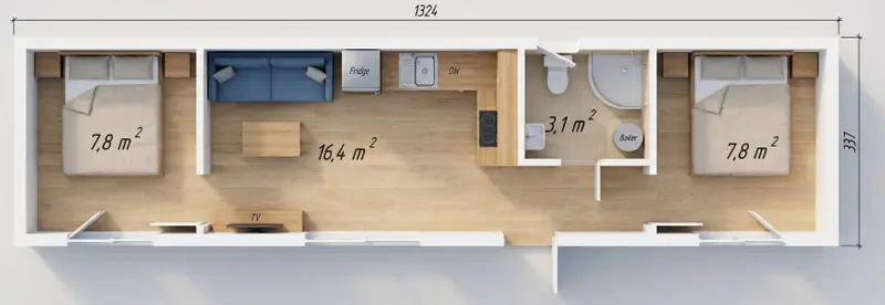 BONN, 45m² - 3D vizualizácia pôdorysu