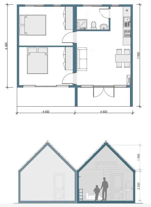 Barn Double 72 – 2D pôdorys 72m², 4izbový montovaný dom