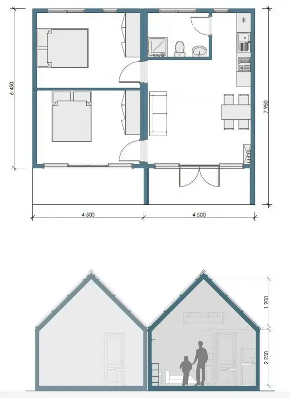 Barn Double 72 – 2D pôdorys 72m², 4izbový montovaný dom
