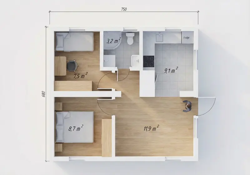 CAPRI, 51m² - 3D vizualizácia pôdorysu