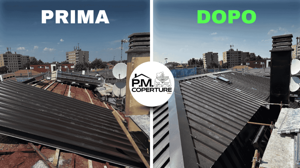 Prima e dopo bonifica amianto e nuova copertura condominiale con velux a Vittuone