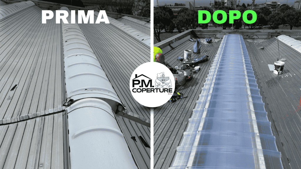 Prima e dopo installazione lucernari continui in copertura con rete anticaduta su capannone a Milano