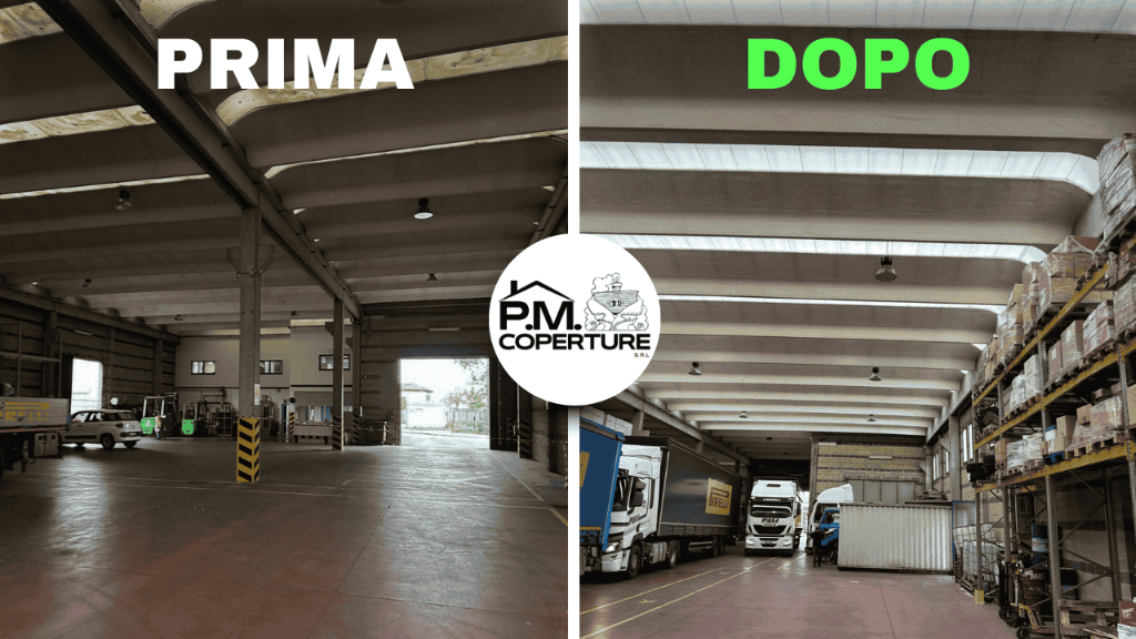 Prima e dopo sostituzione lucernari interni con pannelli in policarbonato su capannone a Milano
