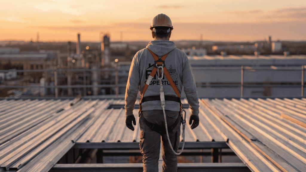 Tecnico P.M. Coperture al lavoro su una copertura industriale in Lombardia