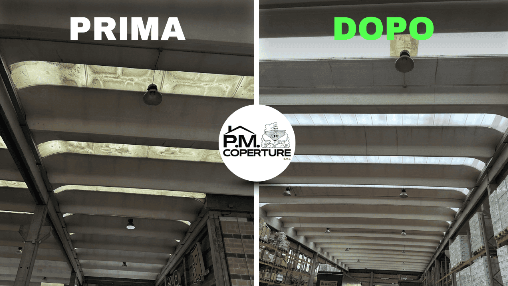 Prima e dopo installazione lucernari continui per illuminazione interna capannone industriale a Milano