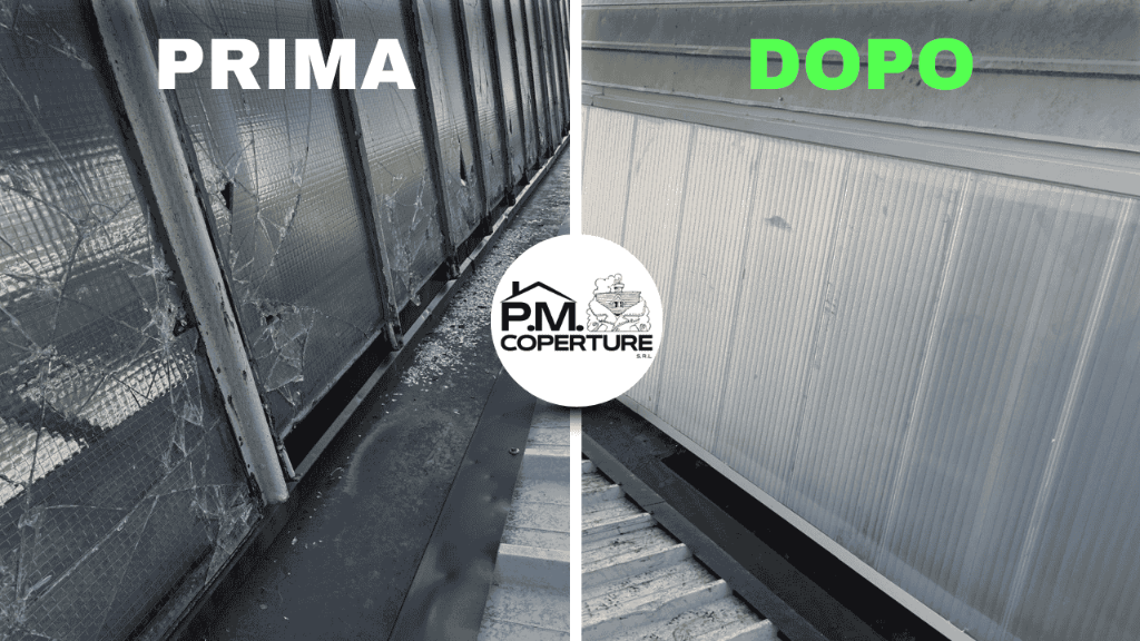 Prima e dopo ripristino vetrate danneggiate da grandine su capannone industriale a Rovello Porro