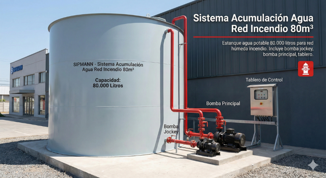 Sistema Acumulación Agua Red Incendio 80m³ — sistema de estructura metálica GO Construction Chile