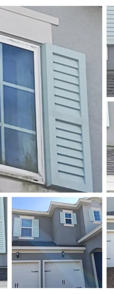 House exterior pressure washing gray shutters
