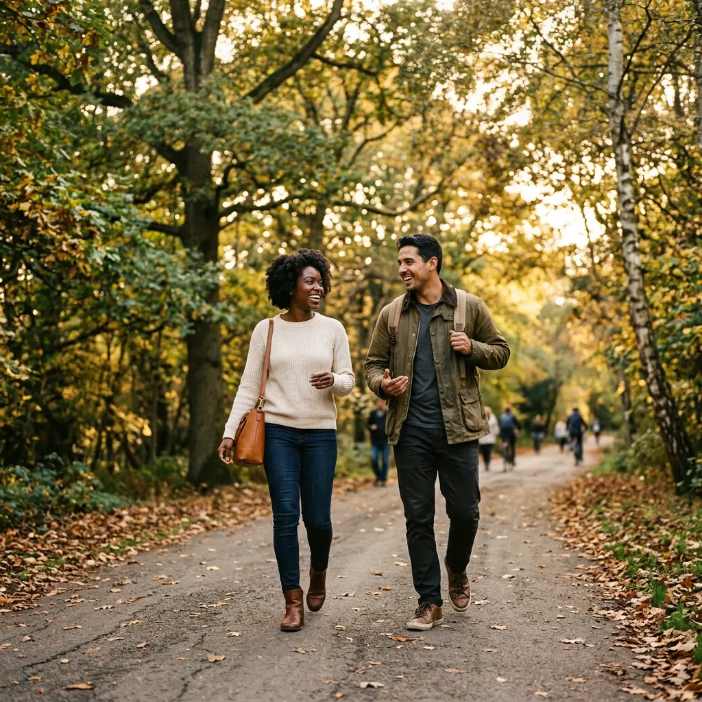 Two people walking together on a tree-lined path