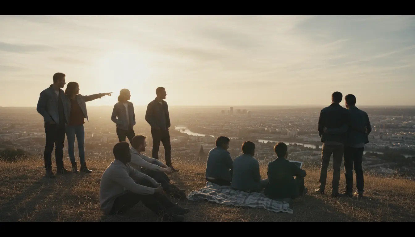 Community gathering overlooking a city at sunset